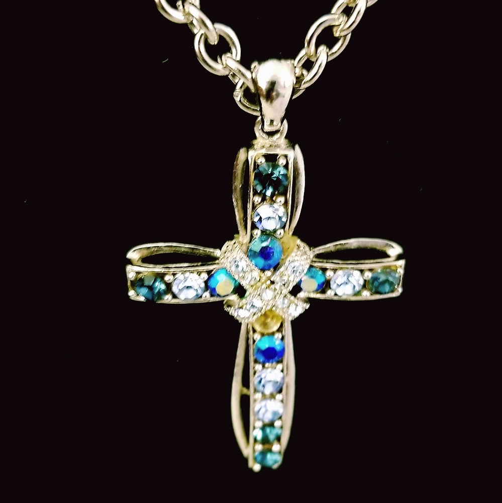 Vintage Bejeweled Cross Pendant  Silverplate w/Cha